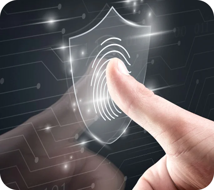 Hand interacting with biometric fingerprint security interface