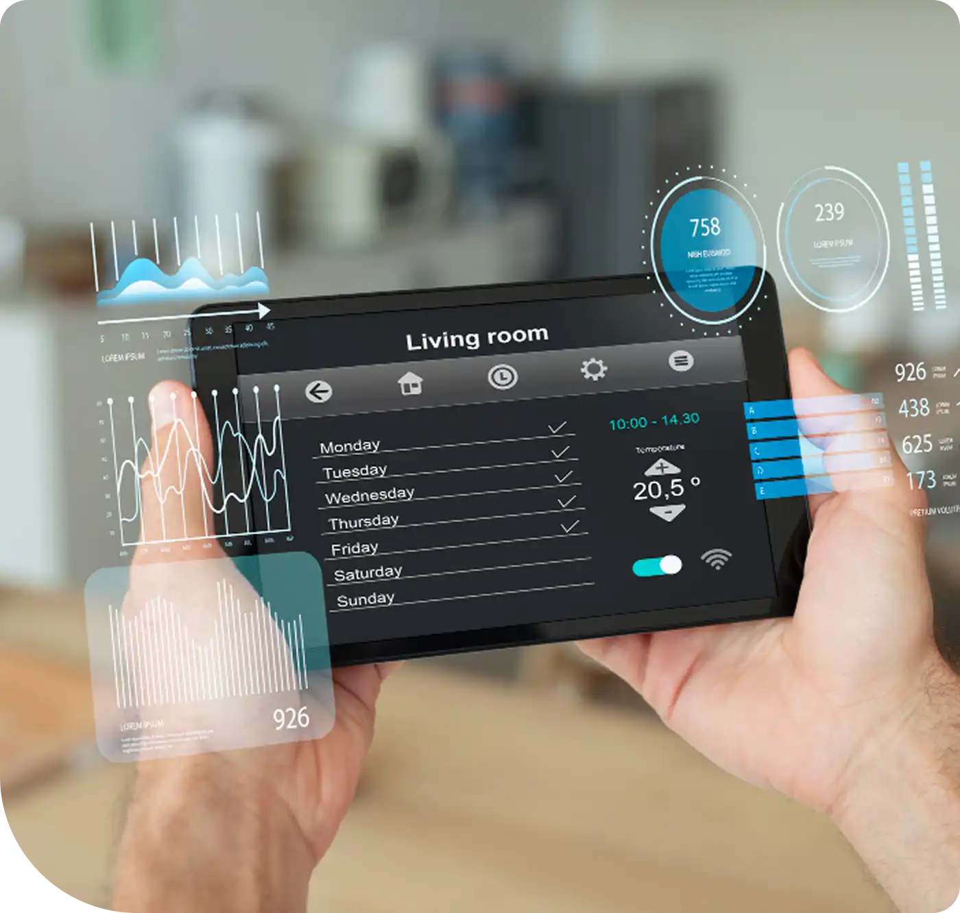 Hands holding a tablet displaying a smart home living room interface with data overlays