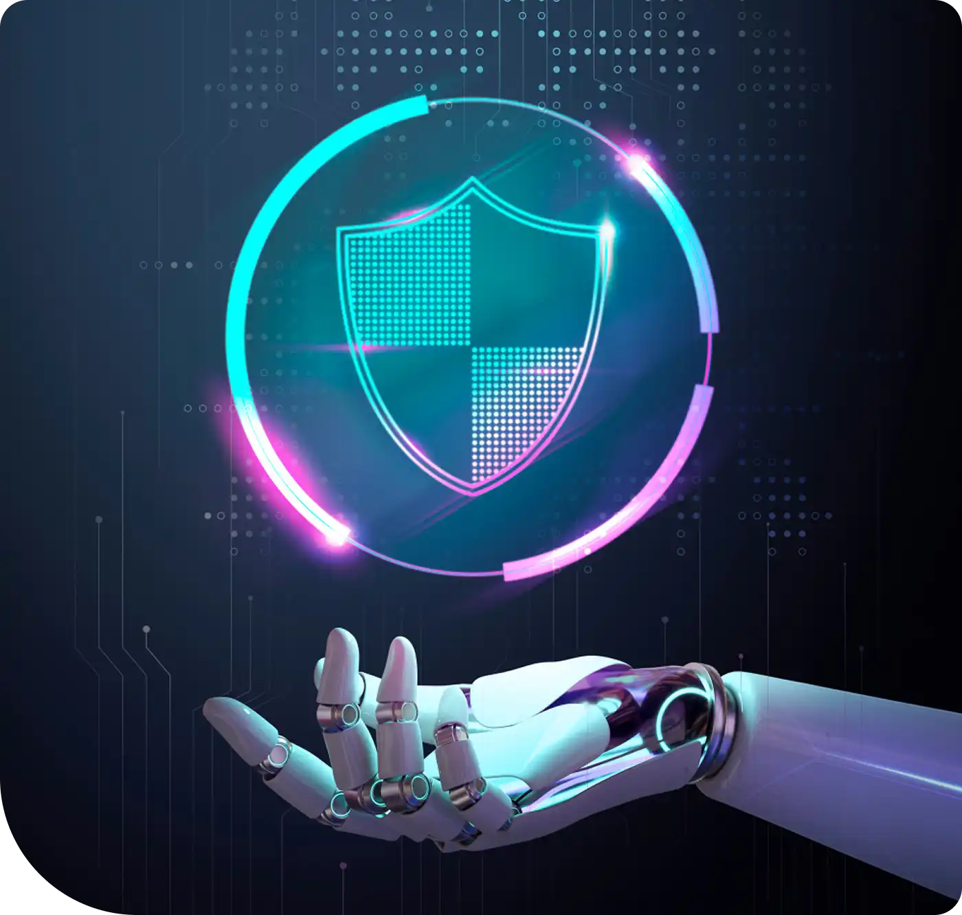A robotic hand holding a glowing digital shield symbol, representing cybersecurity